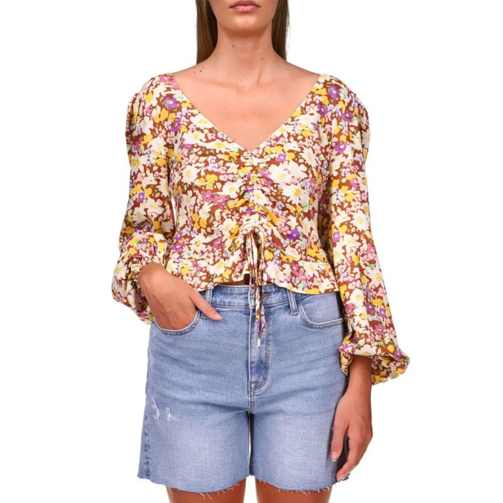 Sanctuary Floral-print Tie-front Drawstring Top In Sunny Field M
